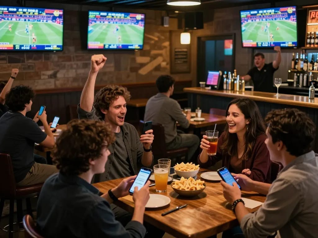 Experience the thrill of sports betting with sunwin at a vibrant bar, cheering patrons, and live game action.