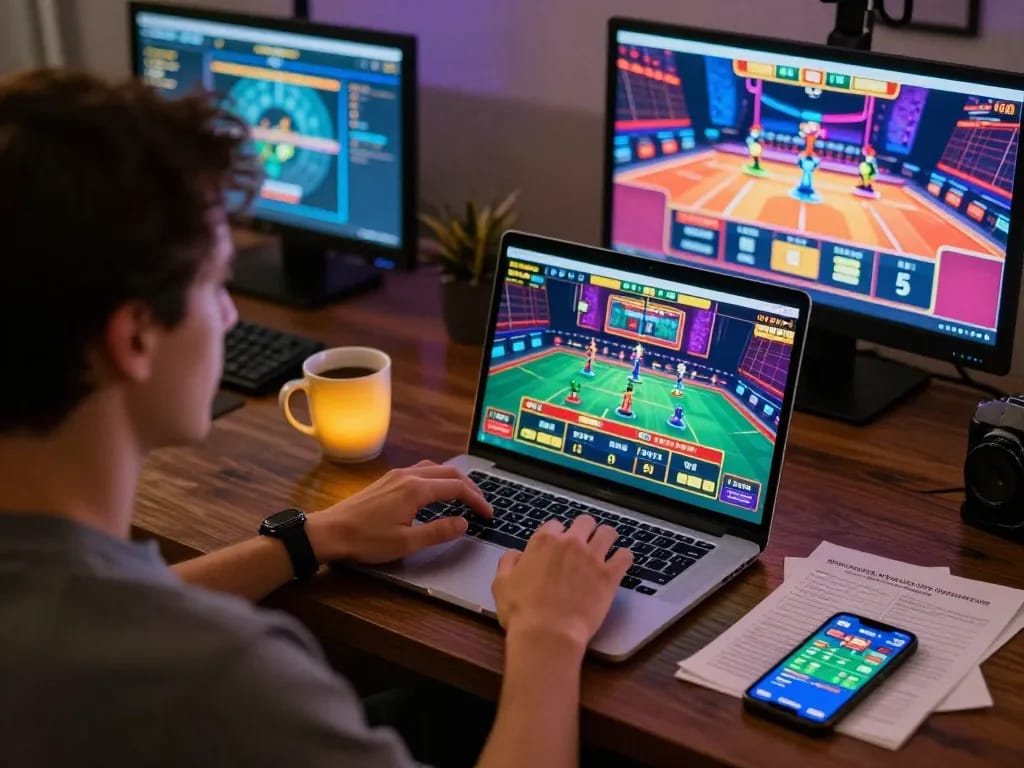 Suasana menarik permainan online di Situs Judi Online, menampilkan seorang pemain yang terlibat dalam aksi dengan antarmuka permainan yang cerah dan catatan strategi.