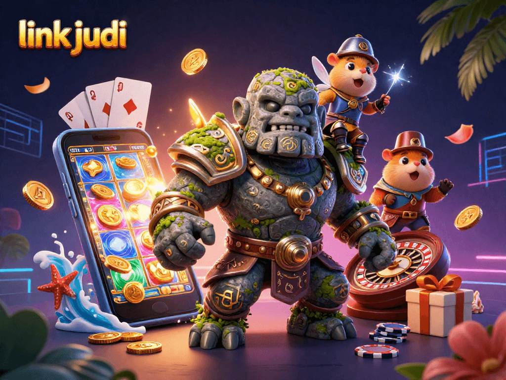 Spin slot games and win big with link judi in this whimsical 3D illustration.