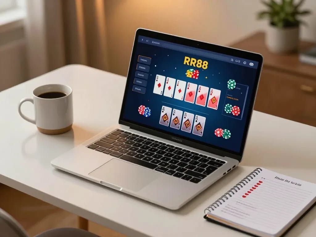 Player engaging with the RR88 online poker interface, showcasing a cozy home gaming environment.