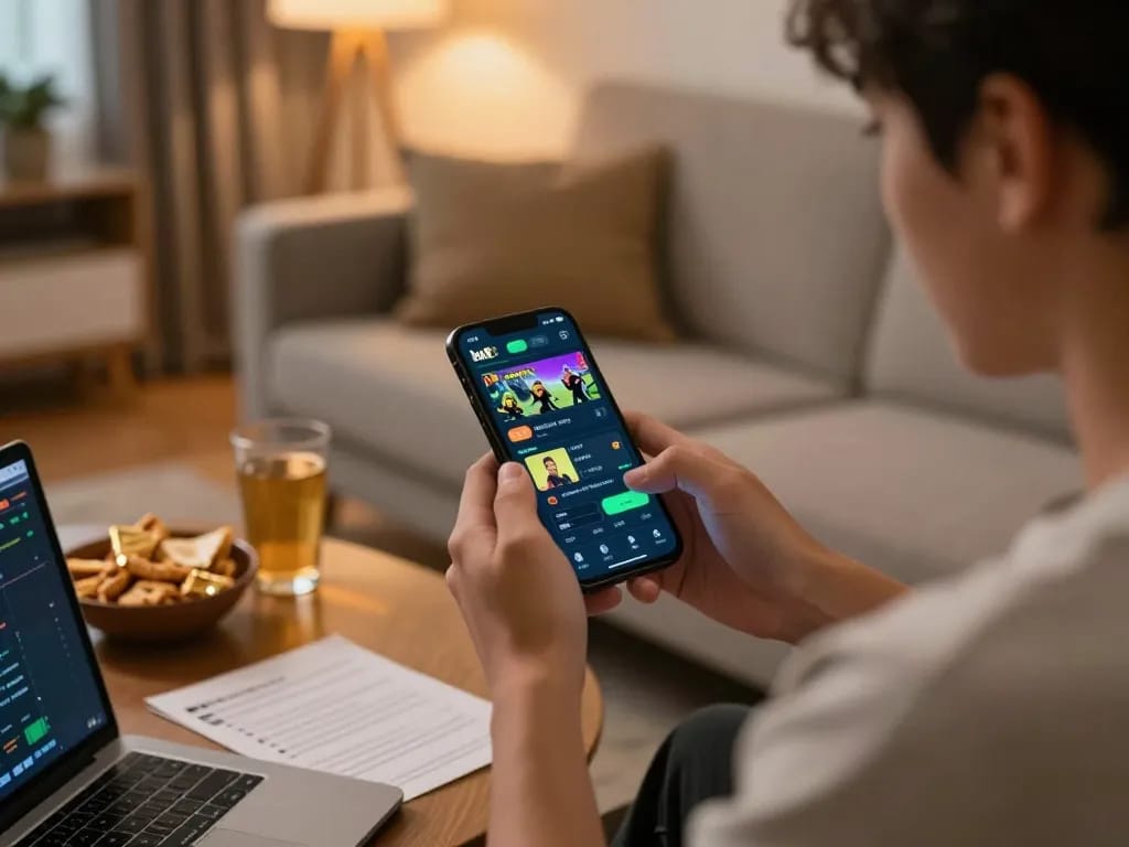 Player engaging with the bk8 mobile app for live betting in a cozy living room.