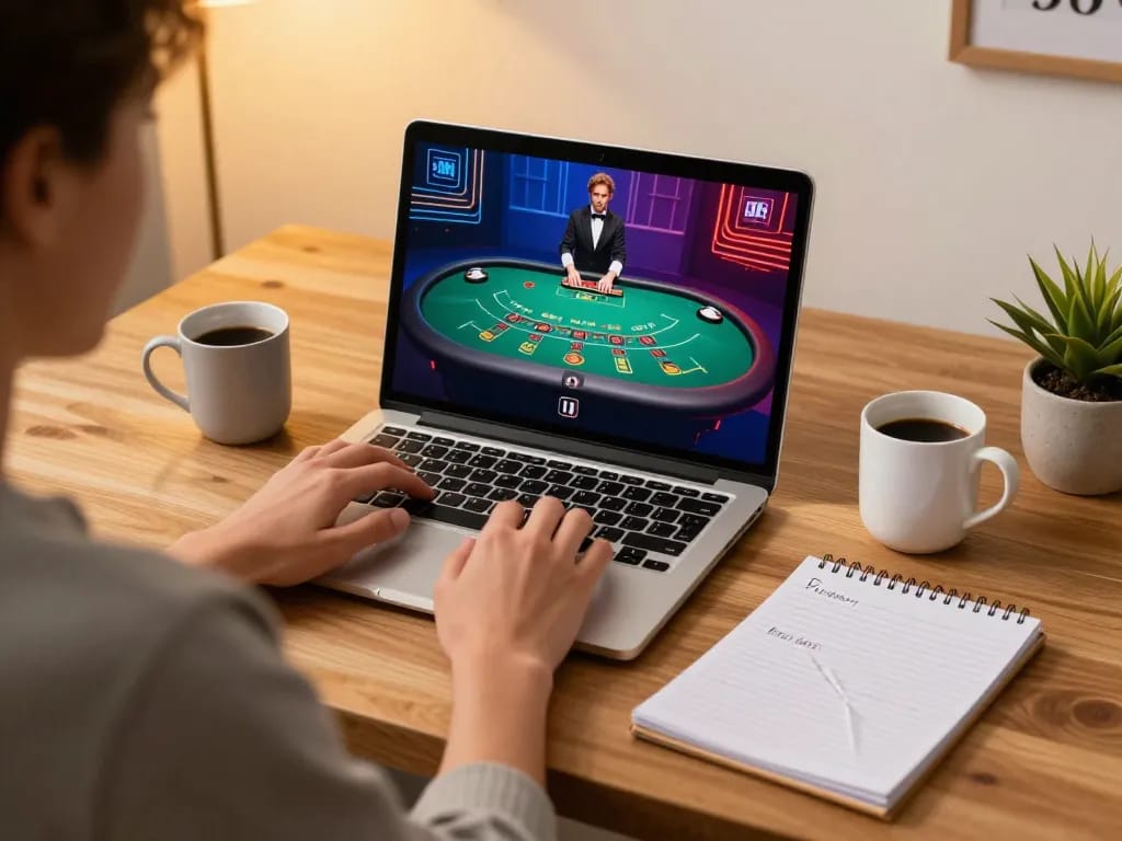 Engaging player at nhà cái 5679 blackjack table on laptop with strategic notes.