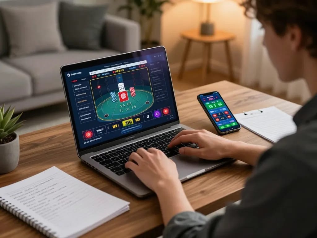 A person engaging with a nhà cái online betting app, analyzing odds while taking notes.