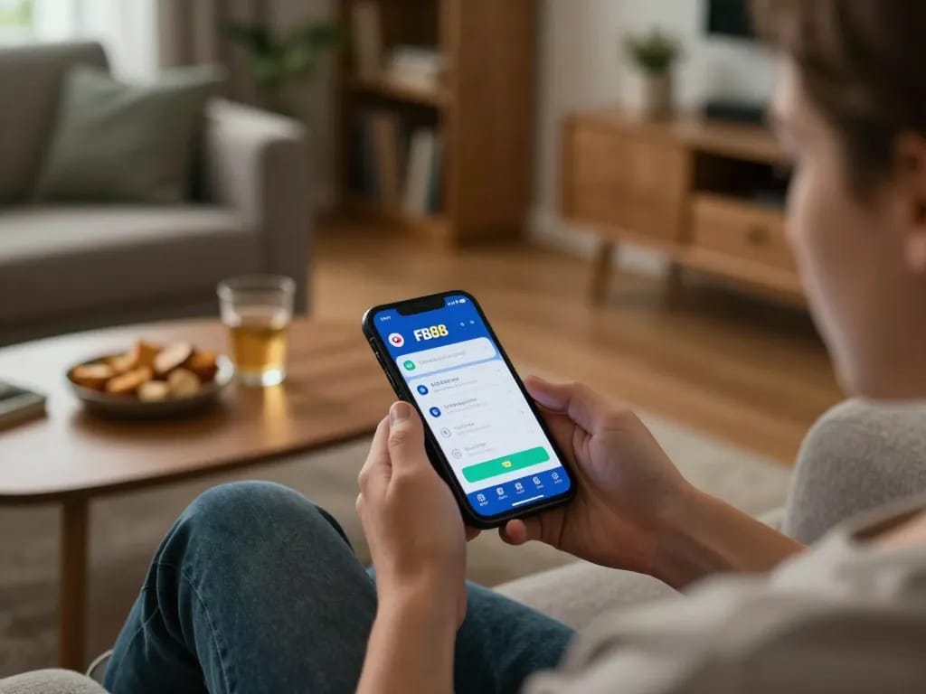 Engaging in mobile gaming on the FB88 app while relaxing at home with snacks and drinks