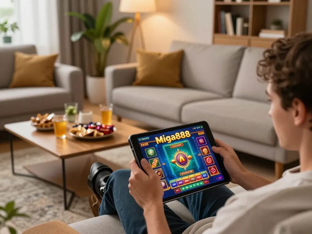 Permainan Mega888 versi asal di tablet di ruang tamu yang selesa, menampilkan perjudian mudah alih yang menarik.