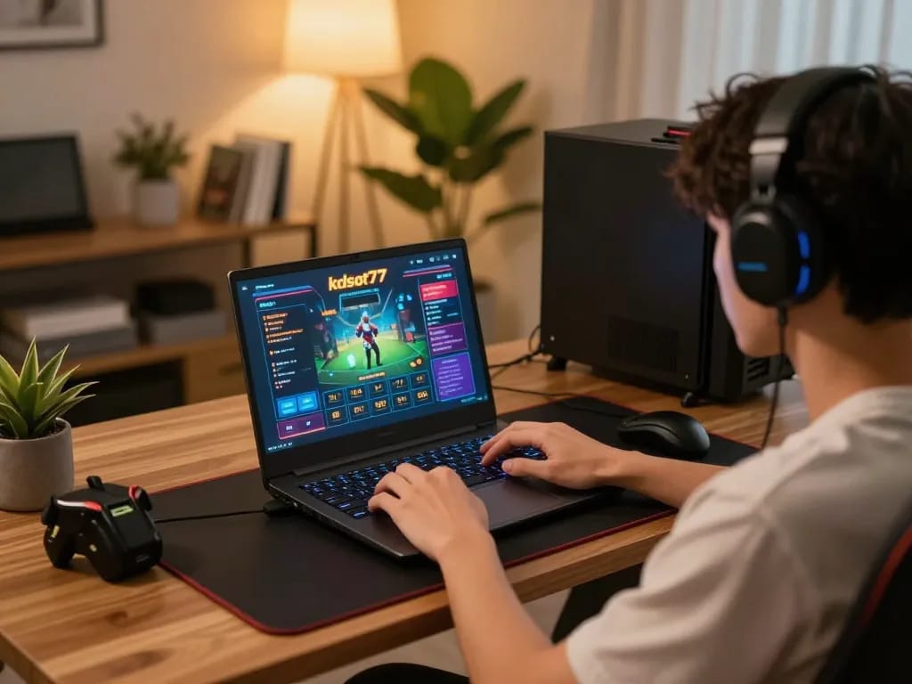 Engaging scene of a player using kdslot77 online casino platform in a cozy home office.