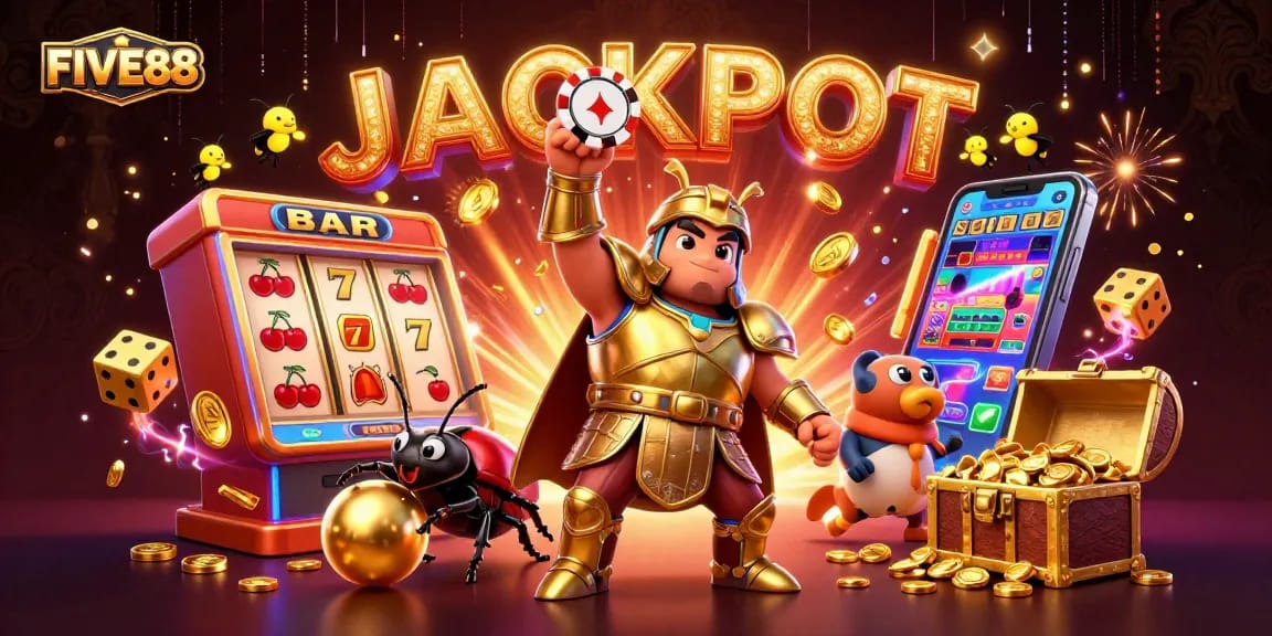 Experience thrilling wins at FIVE88 with a cartoon gladiator beetle lifting a poker chip amidst jackpot symbols.