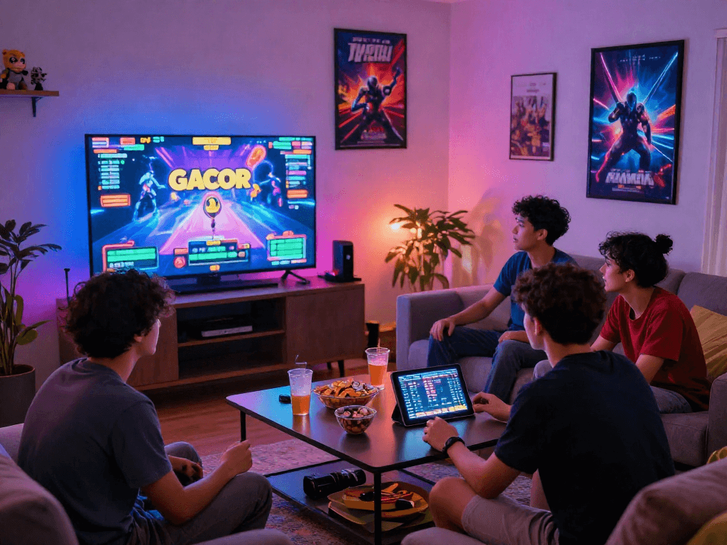 Exciting gaming scene featuring friends playing slot gacor with snacks and LED lights in a lively living room.