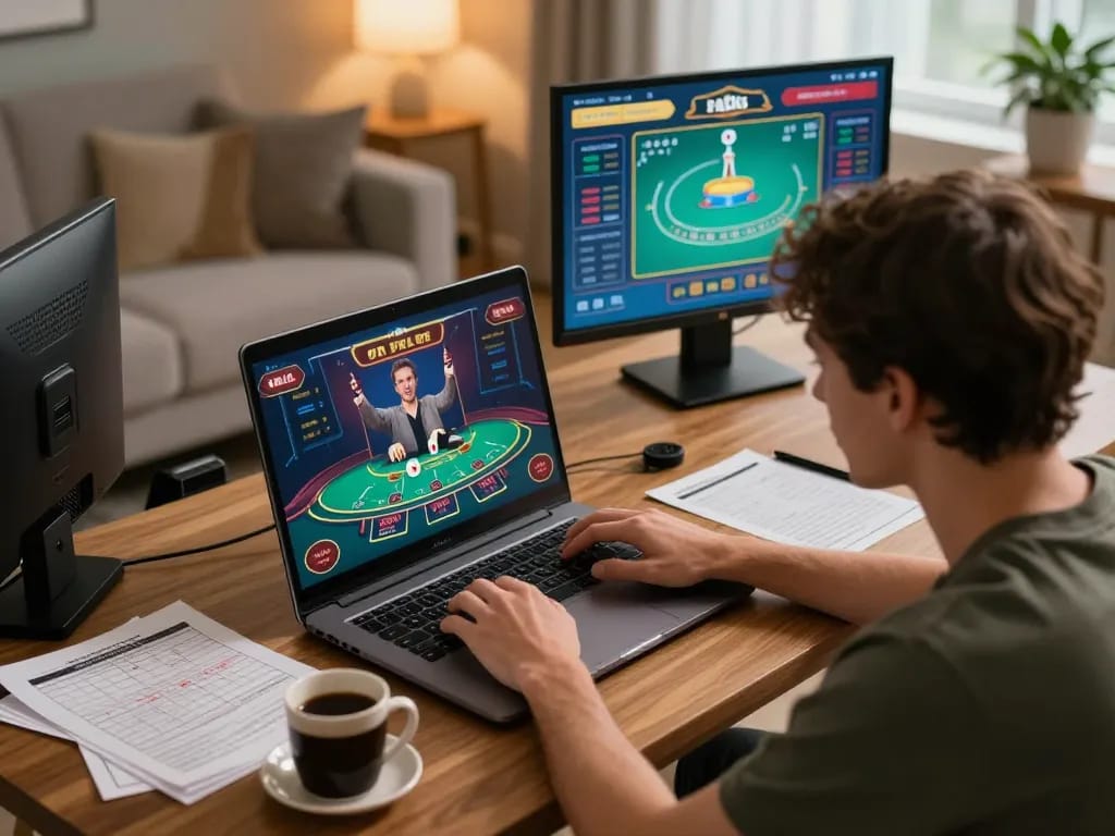 Engaging moment at bet88 where a player strategizes on blackjack while enjoying online gaming at home