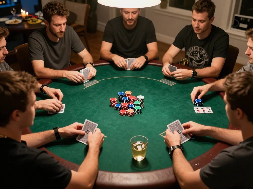 Players strategizing during a lively poker game at home showcasing a competitive spirit around to188.