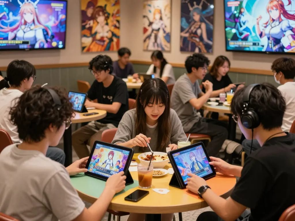 Players enjoying porngames in a vibrant digital cafe, immersed in animated adult games