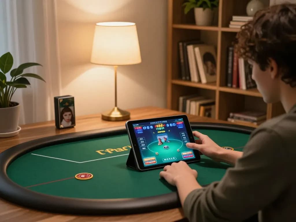 In a cozy setting, person strategizes while playing on KO66 lừa đảo? poker app, highlighting excitement and comfort of online gaming.
