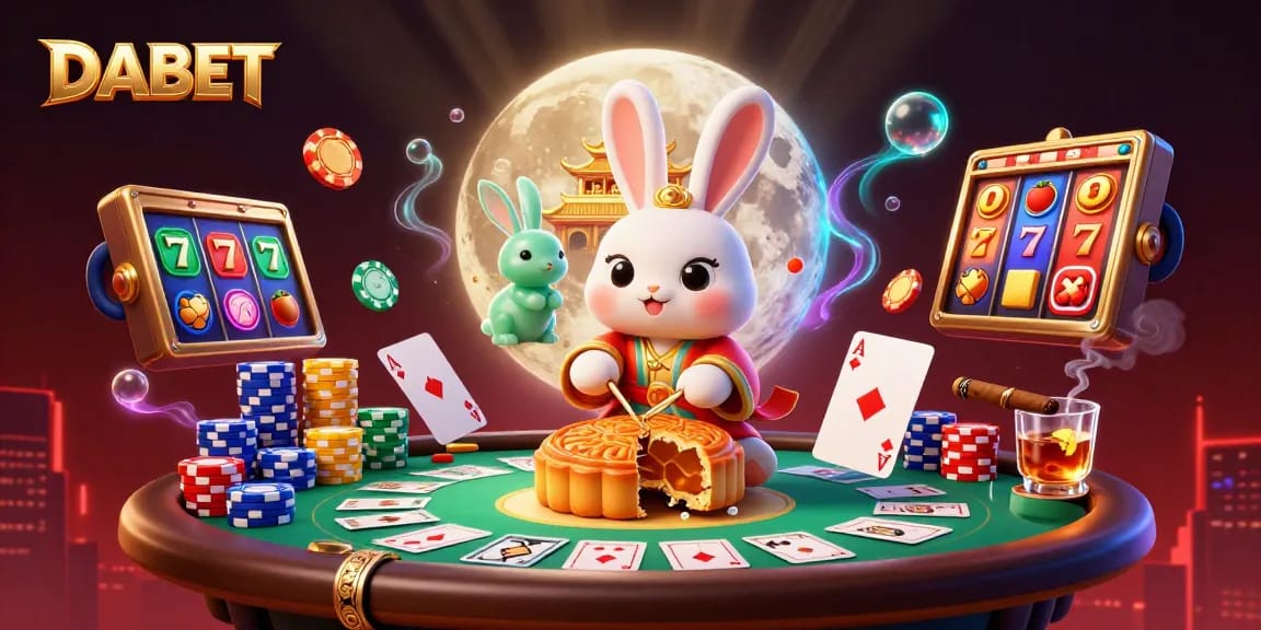 DABET showcases the moon rabbit celebrating with poker chips and slot reels in a vibrant casino scene.