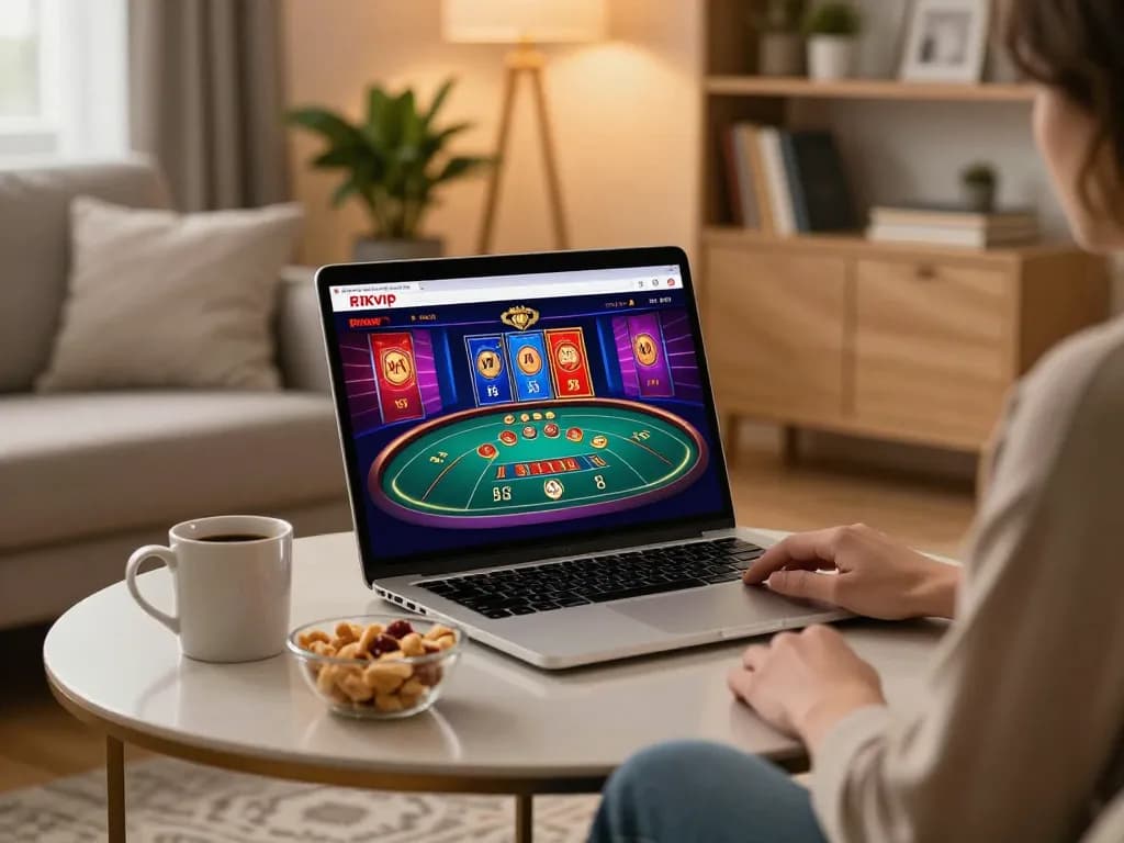 Engaging player enjoying rikvip online casino games on a laptop in a cozy home setting.