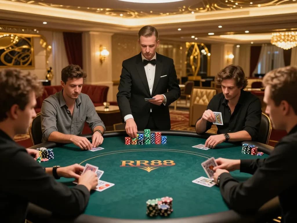 Players in high-stakes poker match at RR88, showcasing strategy and thrill of gambling.