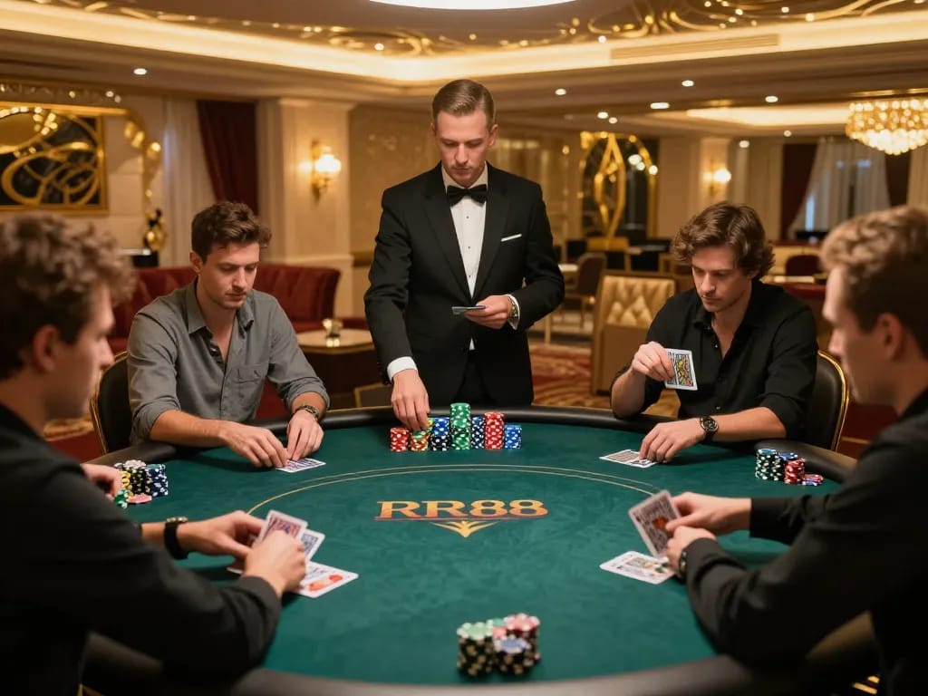 Players in high-stakes poker match at RR88, showcasing strategy and thrill of gambling.
