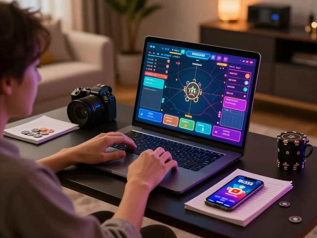 Engaged player using Bl555 app on laptop at home, showcasing modern online casino gaming.