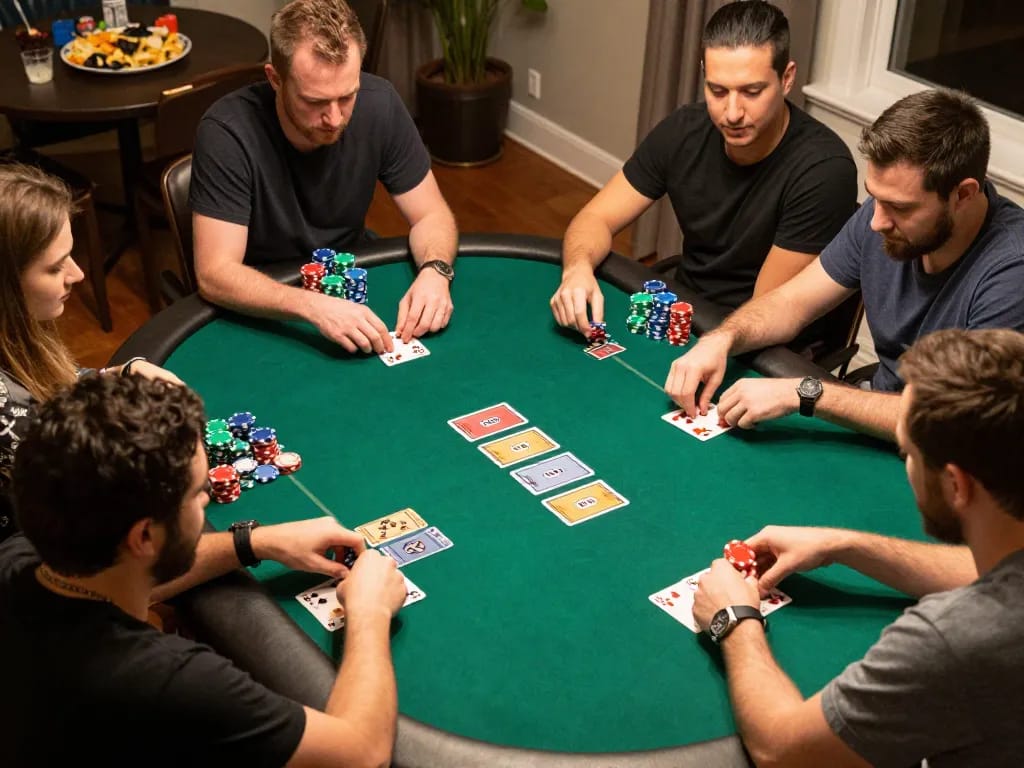 Exciting home game night featuring a poker table showcasing players engaged in strategy at nhà cái 8xbet.