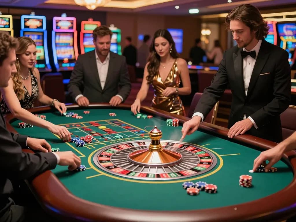 Engaging players around a roulette table at RR88 NAVY casino, showcasing vibrant gameplay and excitement.