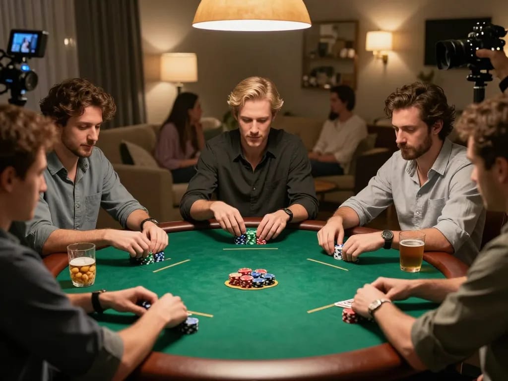 Friends enjoying a lively poker night with strategic gameplay and vibrant chip stacks at a home setting, showcasing vipwin.