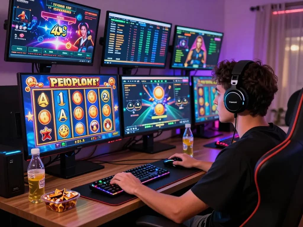Pemain menikmati pengalaman slot gampang menang yang mendebarkan di setup permainan yang nyaman dengan monitor resolusi tinggi dan grafis berwarna-warni.