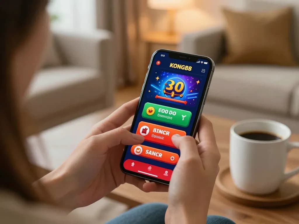 KONG88 user enjoying mobile gaming with real-time betting options in a cozy home setting