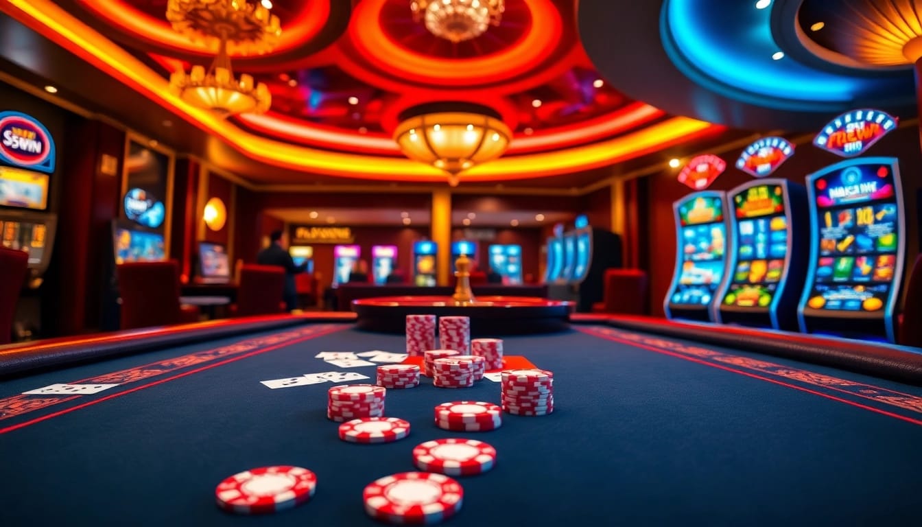Players enjoying the excitement of gambling at 555win casino tables with vibrant décor.
