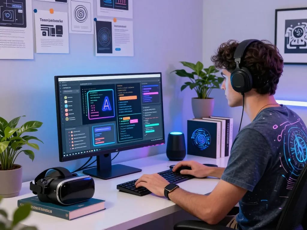 Developer engaged with juicy ai algorithms in a modern workspace filled with tech gadgets.