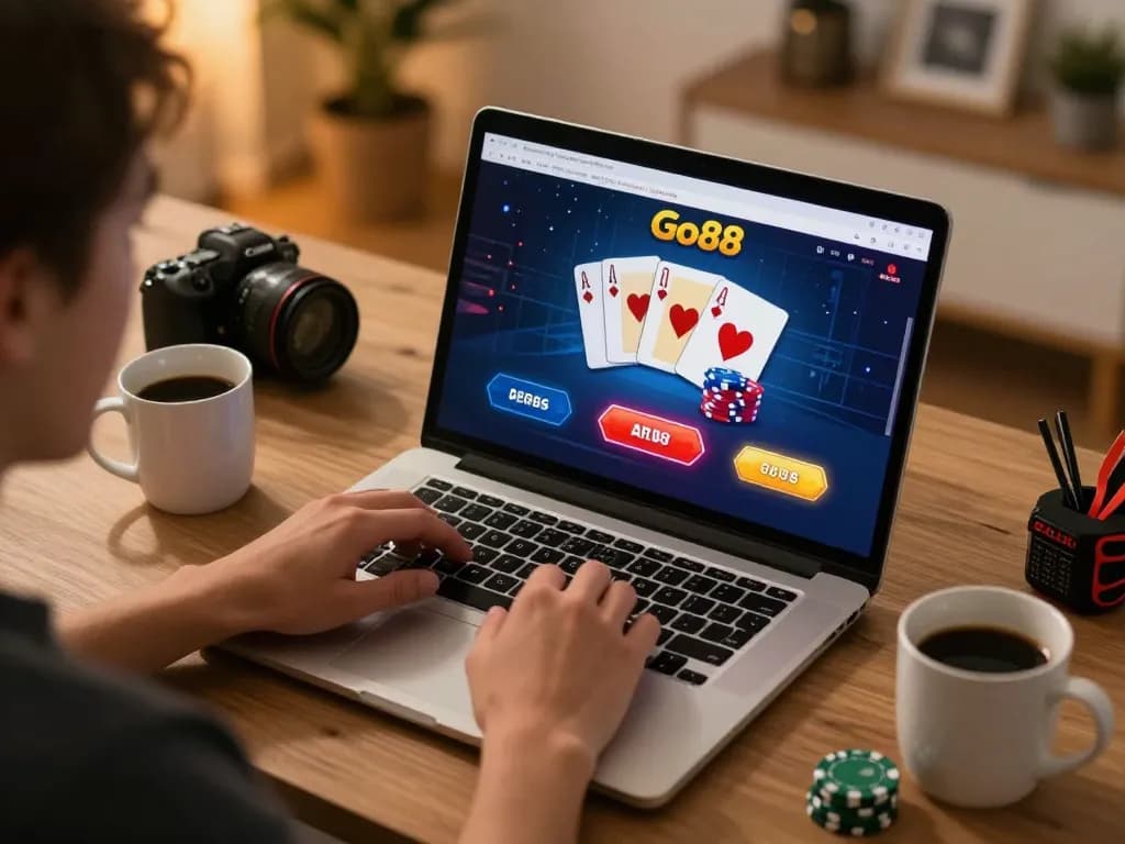 Player engaging in strategic poker gameplay on Go88 platform at home, showcasing cards and chips.