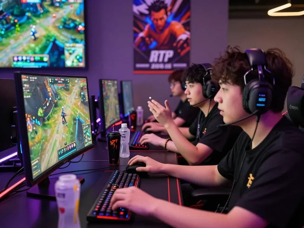 Intense gaming atmosphere at DEWI123 showcasing real-time RTP statistics. Players strategizing with vibrant esports lighting.