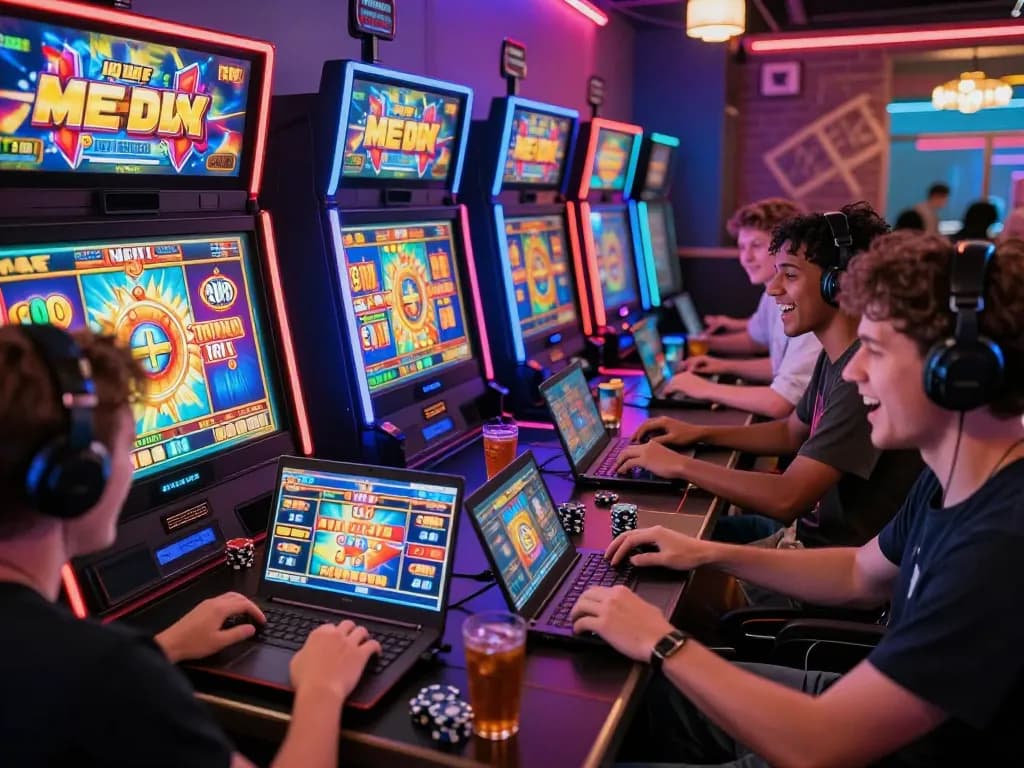 Zeus138 online gaming experience showing players engaged in vibrant slot games with exciting graphics and a lively atmosphere.