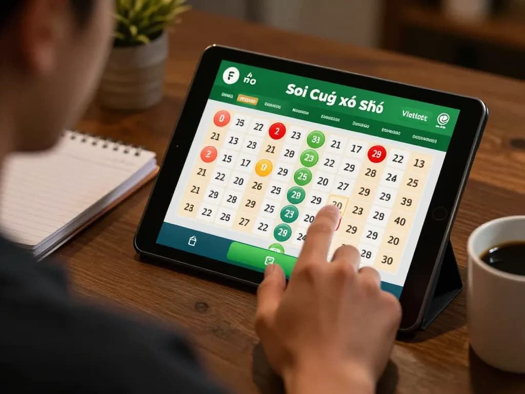 Player engaged in Soi cầu xổ số Vietlott on tablet, showcasing strategic betting.
