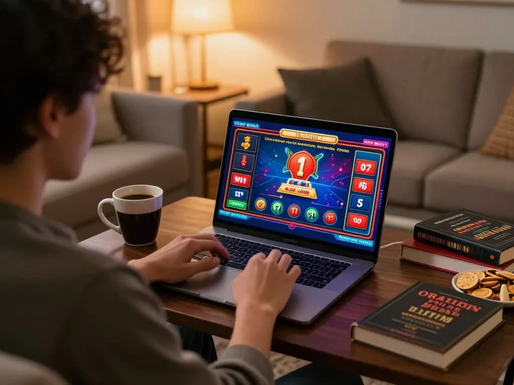 Engaging in Canadian online casinos at home with a laptop showing casino games and strategy notes.
