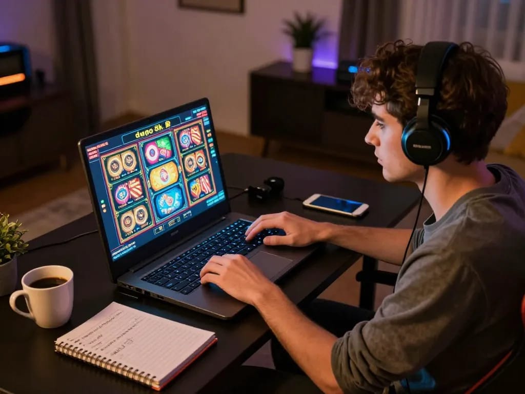 Player enjoying gaming sessions on slot depo 5k platform with laptop in cozy home setting