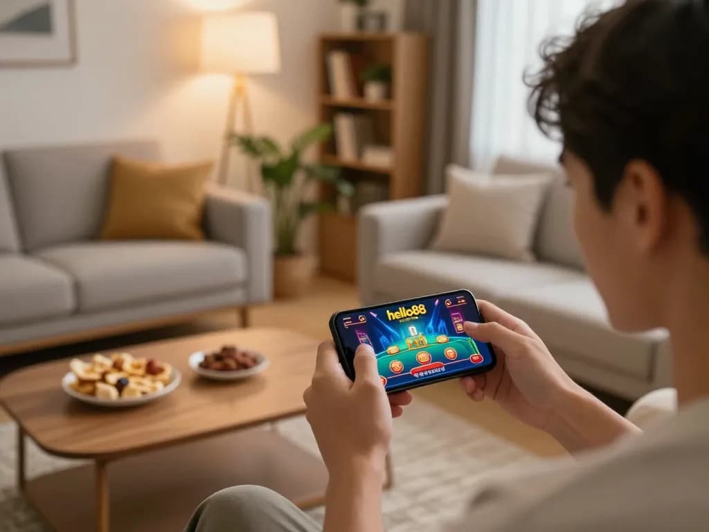 Engaging with hello88 app in a cozy home setting, showcasing the excitement of online gaming.