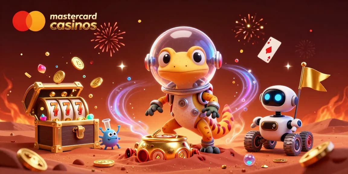 Discover exciting mastercard casinos with the Martian gecko in a vibrant, gold-filled scene.