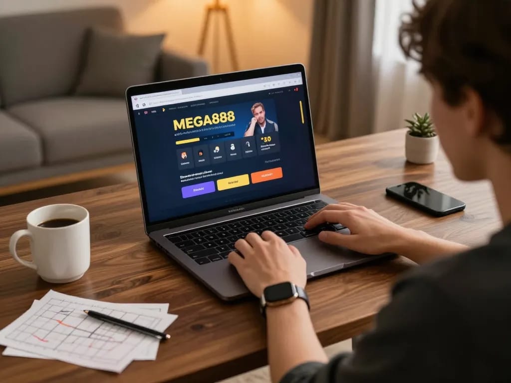 Engaging in MEGA888 Tutorial online gaming at a stylish home setup with laptop and strategy notes