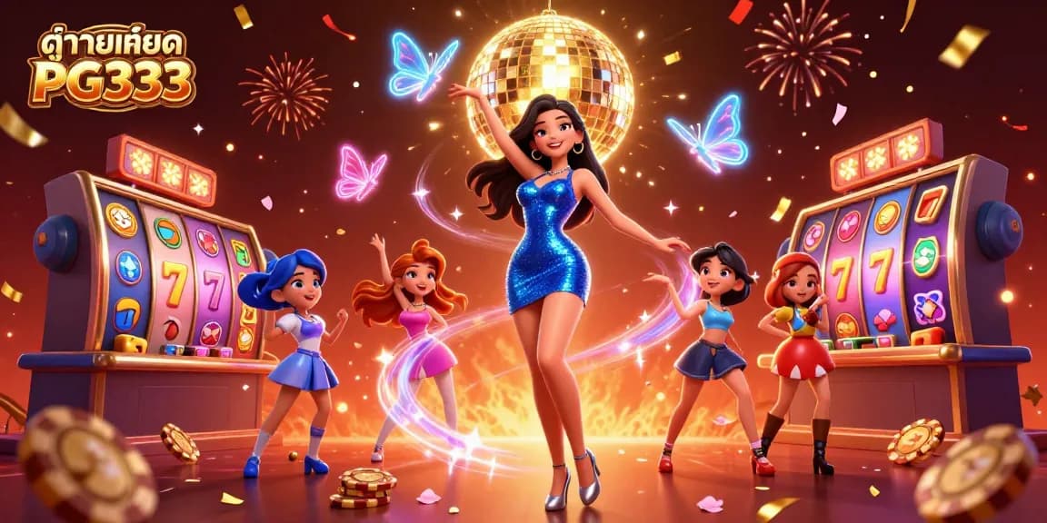 Play slots and win at ดูรายละเอียด PG333 with vibrant 3D casino elements in a festive scene.