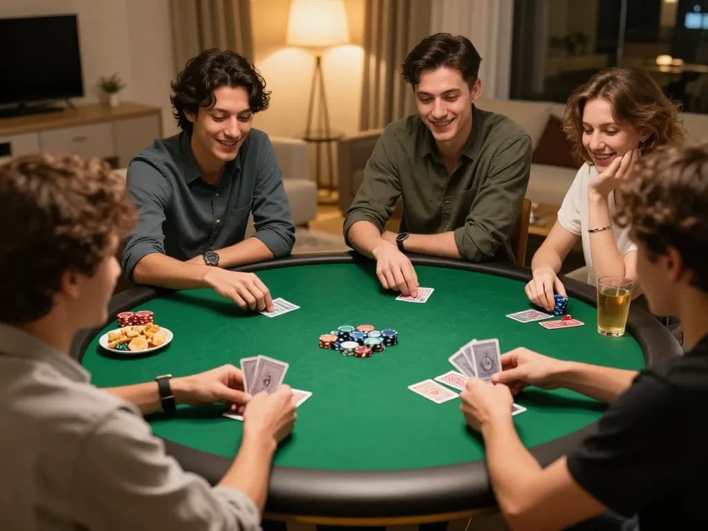 Megaplus88 friends enjoying poker night with chips and cards in cozy atmosphere