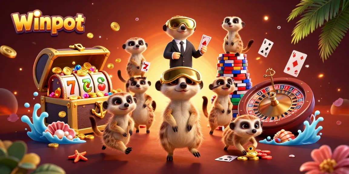 Winpot meerkats creatively operating a vibrant casino scene with lively elements.