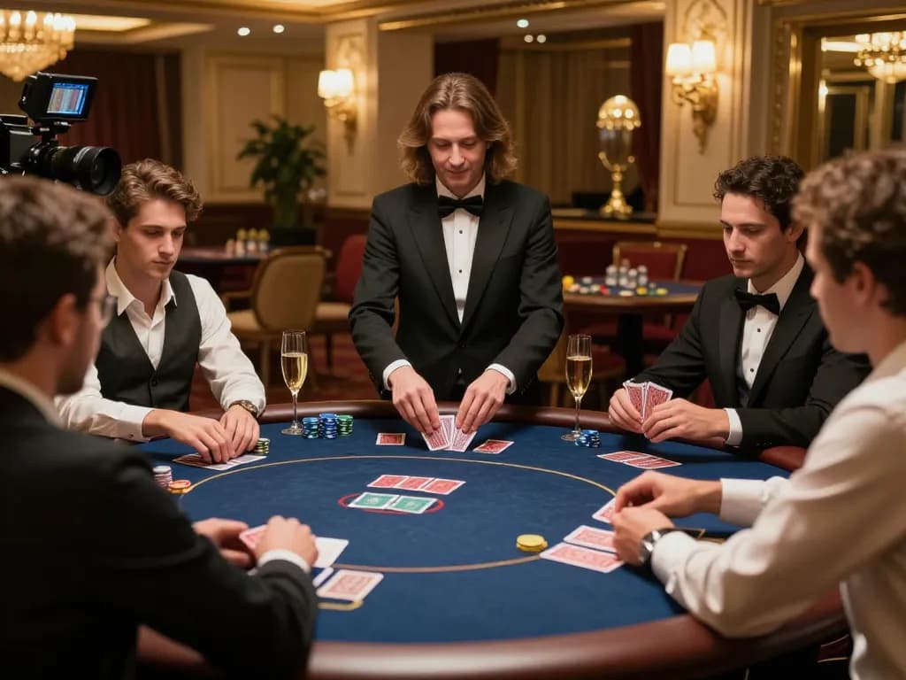 TR88 poker players strategizing over cards in an elegant casino setting, highlighting high-stakes excitement.