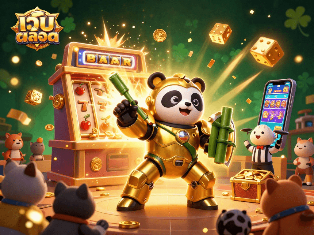 Experience the excitement of เว็บสล็อต with a dynamic jackpot scene featuring a golden panda and vibrant casino elements.