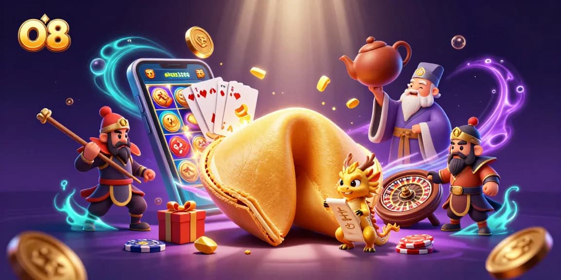 Experience the thrill of O8's online casino with dynamic 3D characters and vibrant game elements.