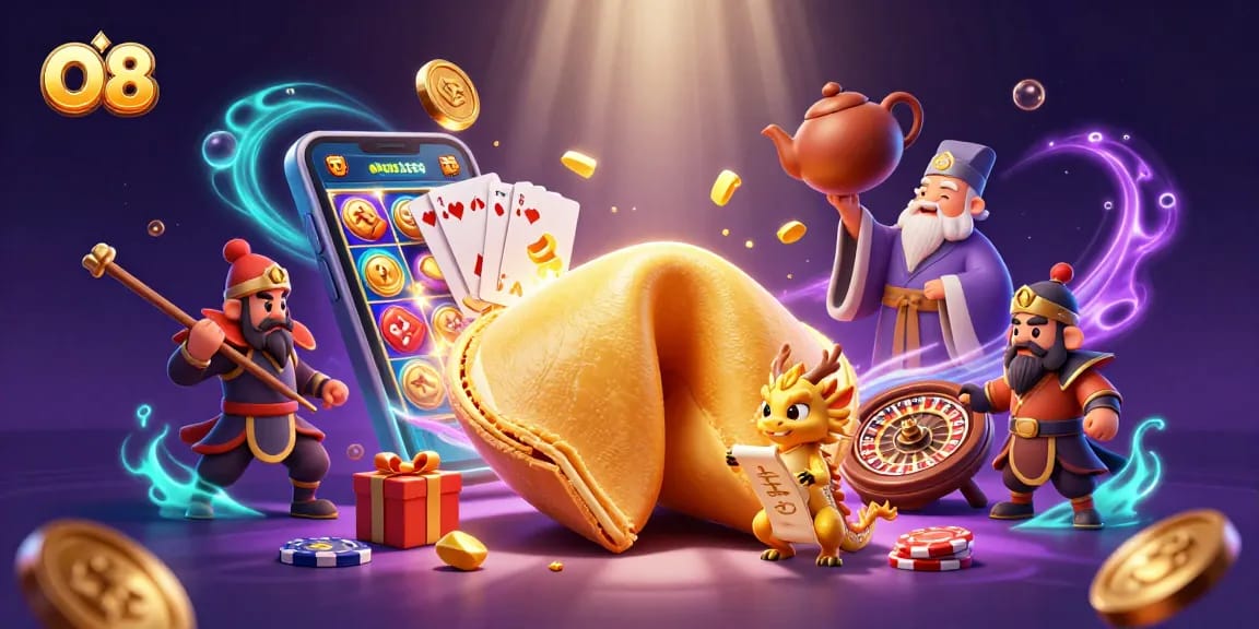Experience the thrill of O8's online casino with dynamic 3D characters and vibrant game elements.