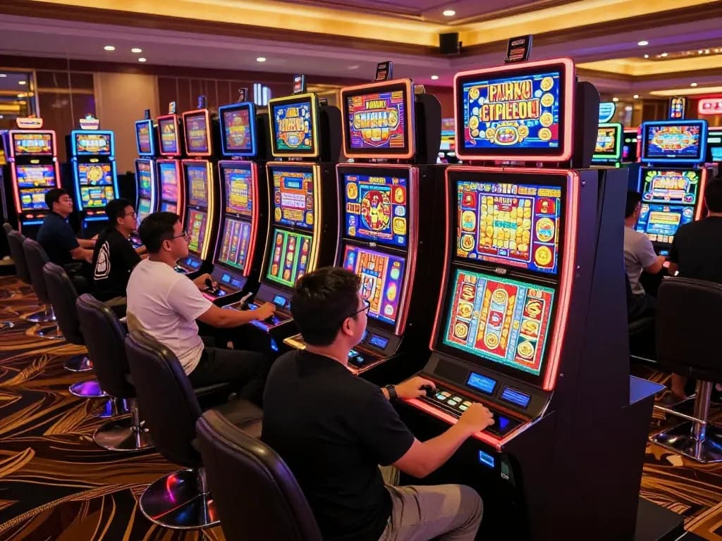 Players enjoying slot gacor games at colorful casino slot machines with vibrant displays.