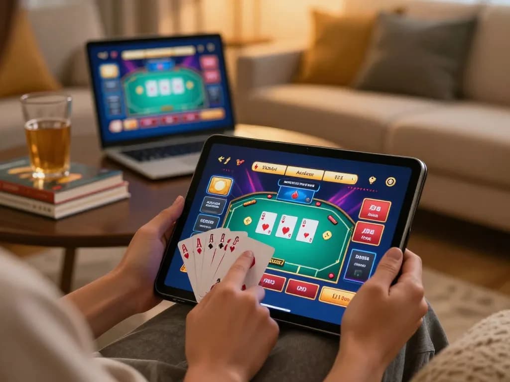 Engaging online gaming at https://sc88.casino/ with tablet displaying poker game, warm and inviting atmosphere