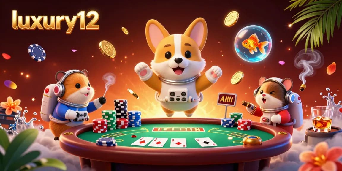 Gambarlah permainan kasino luxury12 dengan corgi astronot dan elemen poker yang mengambang.