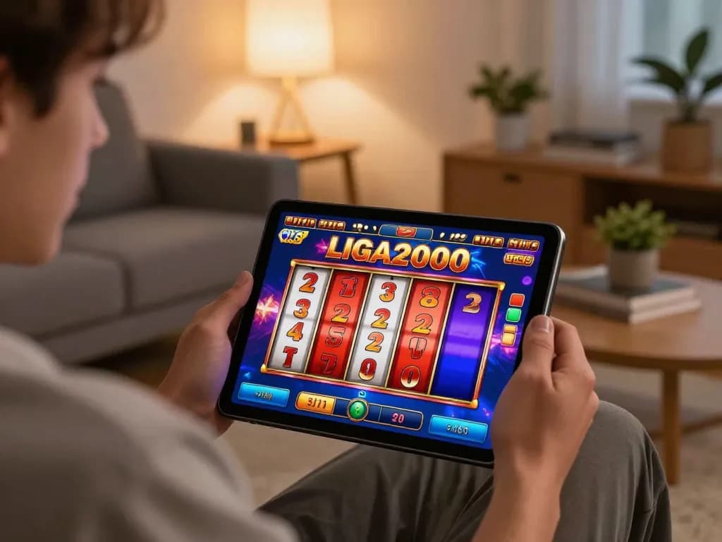 LIGA2000 player excitedly spinning online slot reels in a cozy home setting