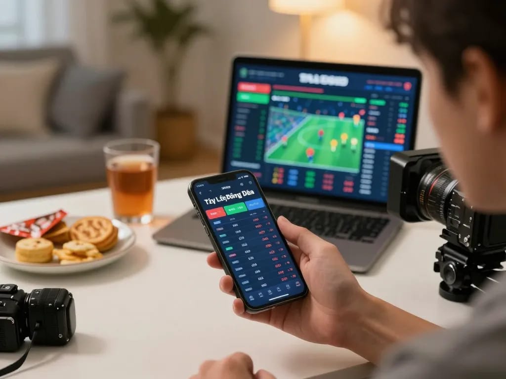 Engaged user analyzing Tỷ Lệ Bóng Đá on a mobile app in a cozy home environment.