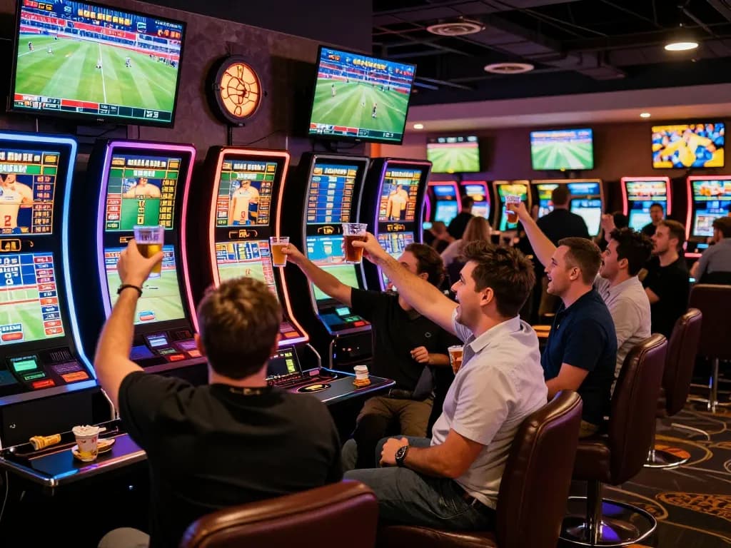 Exciting sports betting scene at a casino featuring Da88 highlights and jubilant fans